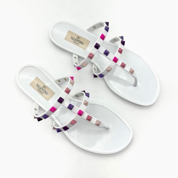 VALENTINO Pink Purple Rockstud Slide Sandal Size 37 Flat Caged Strap Rubber PVC - Picture 4 of 12